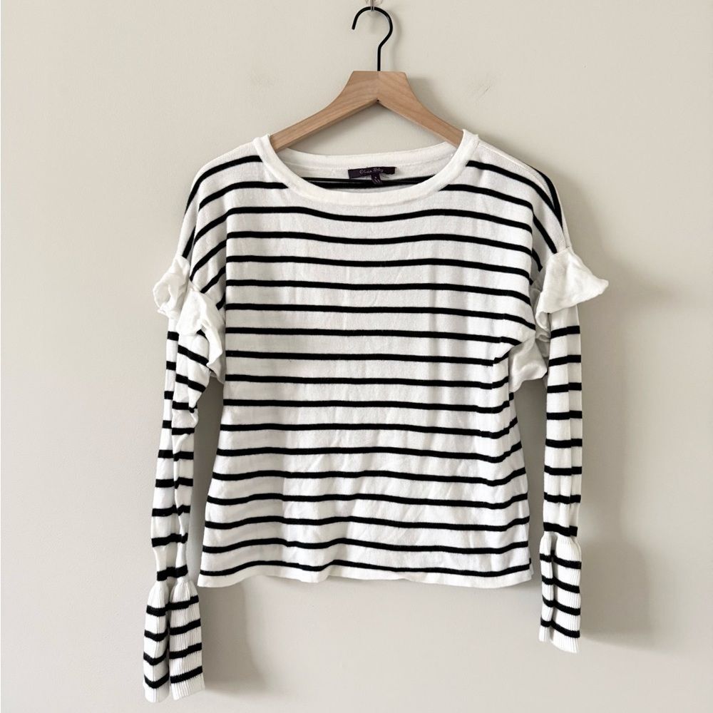 Olivia Sky Bell Sleeve Ruffle Sweater Black White Striped Size S